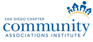 Logo for the Community Associations Institute San Diego Chapter, featuring stylized blue text and graphic figures above a yellow arc—ideal for events or partnerships with a local roofing contractor.