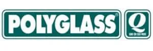 Polyglass logo in white text on a green background, accompanied by a stylized 