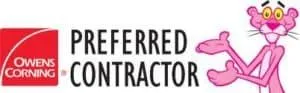 Owens Corning Preferred Contractor logo with the Pink Panther cartoon character pointing to the text.