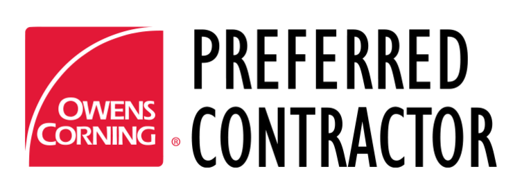 Owens Corning logo featuring a red square with curved white line, white text, and black "Platinum Preferred Contractor" text to the right—highlighting their status as a leading roofing contractor.